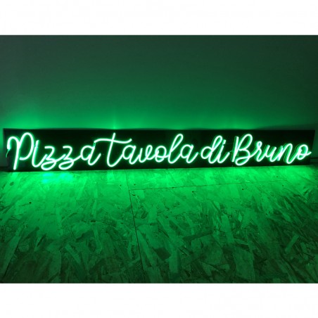 Enseigne Néon LED vert Pizza Tavola di Bruno plexiglas noir découpe rectangle